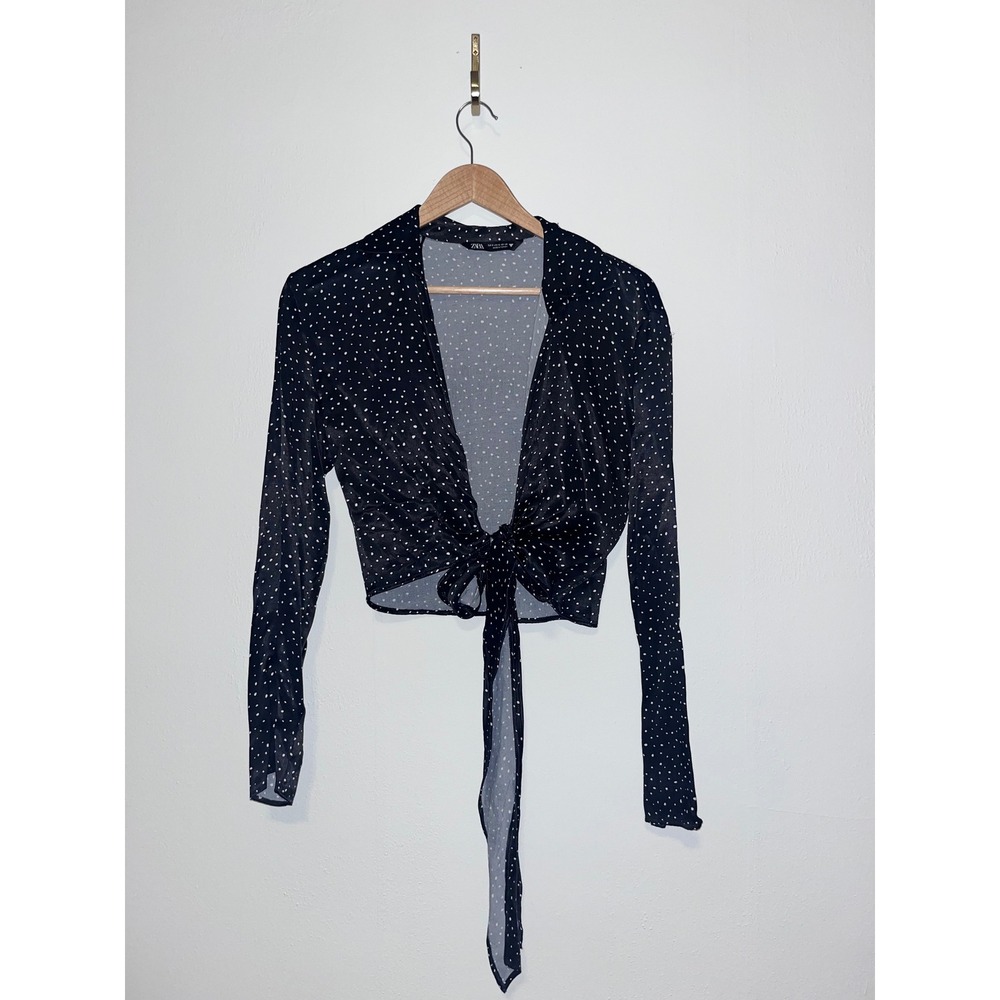 Zara Womens Black Polka Dot Satin‎ Tie Front Crop Top Long Sleeve Small
